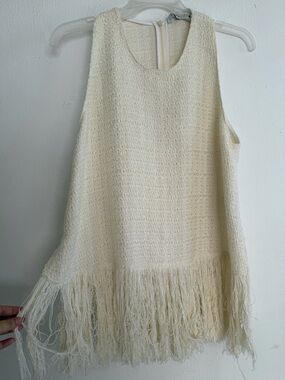 Zara Cream Fringe Sleeveless Knit Top